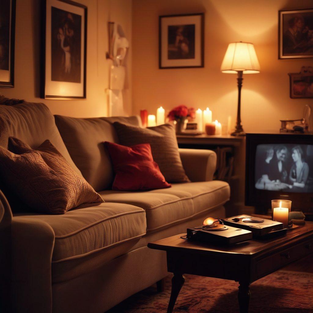 A cozy living room setting showcasing a plush sofa with a vintage DVD player beside it, surrounded by soft candlelight. In the foreground, two silhouetted figures are leaning towards each other, sharing a laugh, with a romantic movie playing in the background. Subtle hearts and roses are lightly illustrated around the scene to highlight the theme of romance. warm tones. super-realistic.