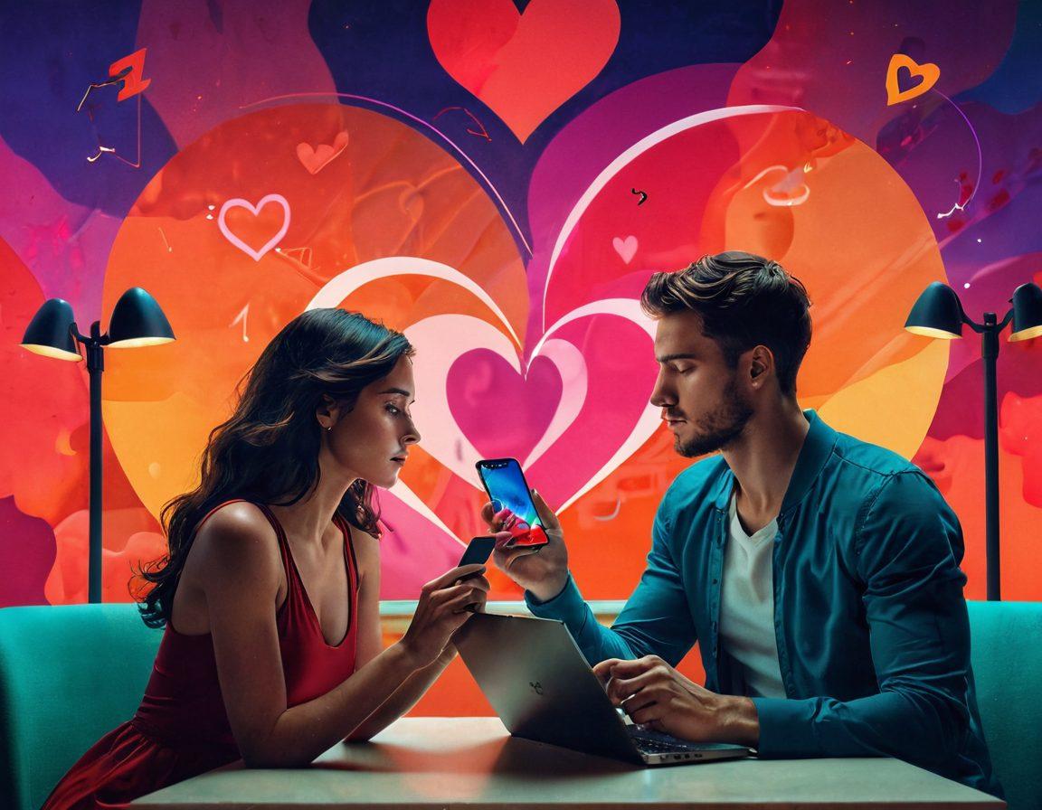 A mesmerizing split-screen image showcasing a couple engaged in intimate conversation through their devices, surrounded by abstract symbols of love and desire, juxtaposed with X-rated content subtly hinting at its impact on relationships. The background features a blend of warm and cool tones, illustrating the allure and consequences of such content. Use vibrant colors and a surreal art style to evoke emotions.