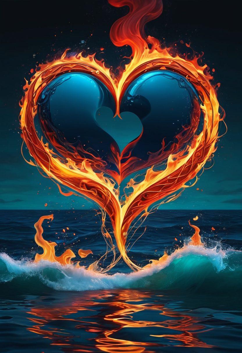 An abstract representation of intertwined hearts and flames, symbolizing passion and intimacy, set against a deep ocean background. Include subtle hints of film reels flowing through the water, merging love and desire. Use vibrant colors to evoke strong emotions and allure. super-realistic. vibrant colors. abstract art.
